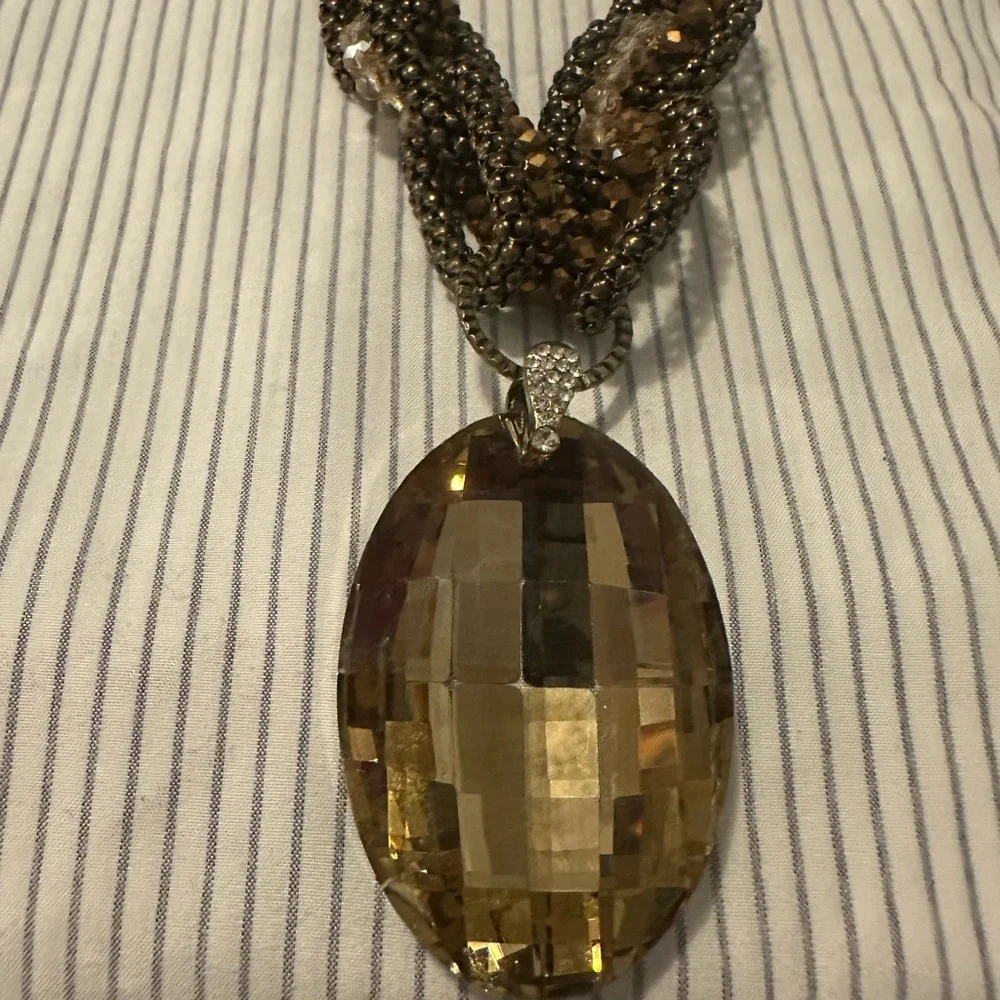 Chico’s Multi Strand Bead Rhinestone Oval Faceted Smoky Topaz Pendant Necklace - Picture 3 of 10